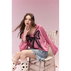 Sweat-shirt court mignon avec nœud en dentelle, sweat à capuche ample style preppy pour le printemps, hauts streetwear pour tenue décontractée femme - Product Image 2