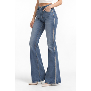 Jeans de Mezclilla para Mujer, Cintura Alta, con Ribete en Contraste, Corte Acampanado, Color Azul Pizarra - Product Image 3