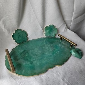 Plateau de service de luxe en résine agate vert émeraude avec poignées dorées, ensemble de sous-verres, décoration de centre de table géode pour coiffeuse - Product Image 6