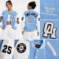 Veste universitaire bleu ciel personnalisée pour homme, veste en laine mélangée, veste de style Letterman, patch en chenille, veste bomber universitaire, OEM Streetwear