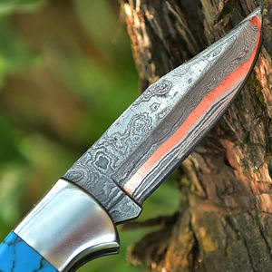 Couteau de poche en acier Damas à prix de gros, couteau pliant de camping avec manche en bois, vente en gros avec étui en cuir - Product Image 2