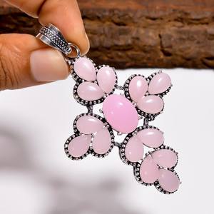 Pendentif en quartz rose multi-pierres, croix en argent sterling, pierre précieuse rose, collier fait main, bijou d'amour apaisant, cadeau pour elle - Product Image 5