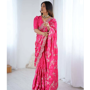 Sari indien élégant en satin de soie avec broderie de sequins, idéal pour les mariages et les fêtes traditionnelles, drapé avec accents roses HK 80 DC - Product Image 1