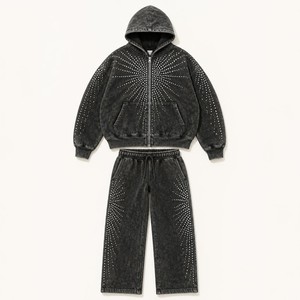 Ensemble de survêtement unisexe 2-en-1 en polaire coupe-vent bleu clair uni avec capuche, fermeture éclair intégrale, coupe décontractée, sweat-shirt et pantalon pour l'automne - Product Image 1