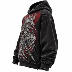 Sudadera con Capucha para Hombre, Estilo Gótico con Estampado de Calavera, Oversize, Lavado Ácido, con Bolsillo Frontal - Product Image 4