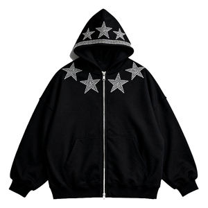 ES Clothes Custom Oversized Zip-up Cotton French Terry <b>Men</b> Sweatshirts <b>Black</b> Drop Shoulder Vintage Rhinestone Y2K Windproof - Product Image 3