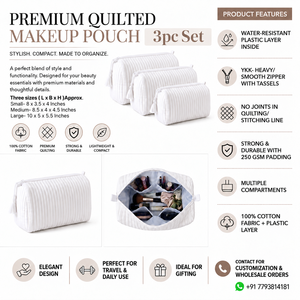 Ensemble de 3 trousses de toilette en coton matelassé vintage, grandes, imperméables, avec fermeture éclair, pour organiser les cosmétiques, écologiques, pour les voyages - Product Image 3