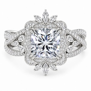 Anillo de compromiso y boda moderno de lujo con doble halo, diamante de laboratorio con corte princesa, oro blanco de 18K, diseño floral real marquesa - Product Image 1