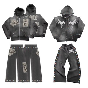 Conjunto de chándal para hombre con lavado ácido, sudadera con capucha oversize con cremallera, pantalones cargo, ropa urbana vintage, prendas de moda de algodón de alto gramaje - Product Image 6