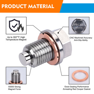 Bouchon de vidange d'huile magnétique en acier inoxydable M14*1.5 / M16*1.5 avec aimant néodyme, bouchon de carter d'huile magnétique avec 3 joints - Product Image 2
