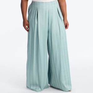 Pantalon large taille haute pour femme en satin bleu clair plissé, longueur intégrale, respirant, 100 % coton, élégant, coupe ample, idéal pour le printemps - Product Image 3