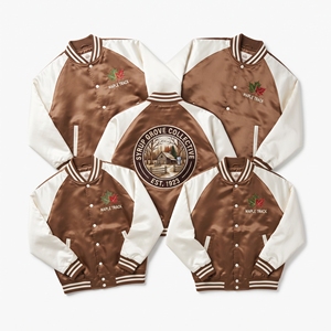 Wholesale Satin Varsity Jacket Brown Cream Sugar Shack Cabin Embroidered Letterman <b>Coat</b> Snap Button Outerwear Direct Factory - Product Image 1
