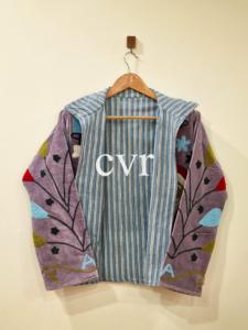 Purple Mandarin Collar Embroidered Velvet Jacket Full Sleeve Hand Embroidery Letter Pattern Casual Outerwear Autumn Wear - Product Image 4
