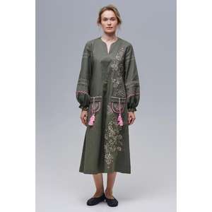 Vestido Kurti Largo para Mujer, Color Verde Oliva, Bordado con Flores, Detalle de Borlas, Cintura Natural, Ecológico - Product Image 1