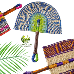 Éventail artisanal bohème en jonc de mer, multicolore, de forme ovale ou ronde, décoratif pour la maison, les mariages, les fêtes ou comme cadeau - Product Image 2