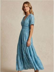 Vestido Maxi Azul con Estampado Paisley, Cuello en V, Cintura Elástica, Manga Corta, Corte Holgado Informal, Verano, Tela No Tejida, 100% Seda, Estilo Vintage - Product Image 2