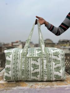 Handmade Floral Print Duffel <b>Bag</b> Blue Pink Cotton Quilted Weekender Travel <b>Bag</b> Large Capacity Zipper Closure - Product Image 1