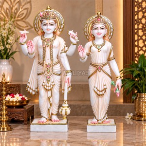 Marble Laxmi Narayan Murti | Standing Vishnu Lakshmi Couple <b>Statue</b> with Detailed <b>Gold</b> Work | MALIYAS Jaipur - Product Image 1