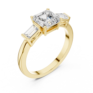 Anillo de compromiso de oro amarillo con corte Asscher y tres piedras, con piedras laterales en forma de baguette, elegante anillo de promesa nupcial solitario - Product Image 4