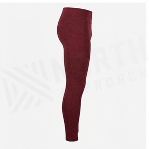 High Waist Full Length Leggings Solid <b>Maroon</b> Seamless Four-Way Stretch With Pockets Women's Yoga Wear - Product Image 3