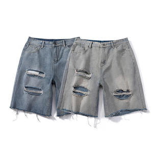 Pantalones Cortos de Mezclilla para Hombre, Estilo Casual, Talla Grande, Lavados, Rotos, de Cintura Alta, con Cierre de Cordón, de Algodón, para la Temporada de Verano - Product Image 1