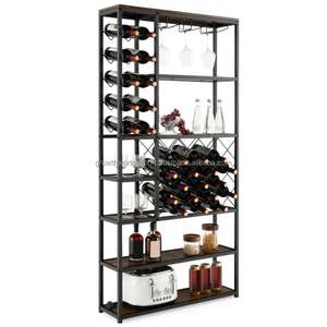 Range-bouteilles autoportant moderne en bois massif et métal Costway |   Étagère de présentation au sol avec supports en verre, 3 niveaux, pour le rangement du bar à domicile - Product Image 1