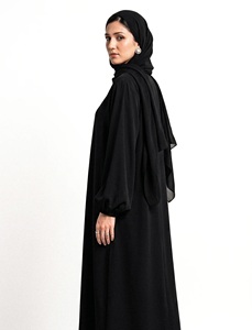 Ensemble Abaya Classique Simple Quotidien pour Femmes Musulmanes, Ouvert sur le Devant, Noir Uni, Manches Longues, Longueur au Sol, Coupe Droite, Modeste, Couvrant Entièrement - Product Image 1