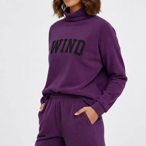 Women Mockneck Knee Shorts Set Solid Polyester Cotton Fleece Winter Streetwear Style Eco Friendly Quick Dry Breathable - Product Image 1