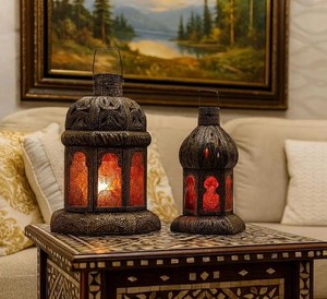 Handmade Moroccan Brass Lantern Boho <b>Candle</b> Holder with <b>Red</b> Glass Panels Ramadan Decor Islamic Festival Light Moroccan Art - Product Image 1