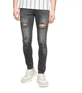 Jeans Skinny strappati elasticizzati da uomo Jeans Super Skinny strappati grigio scuro jeans streetwear da uomo