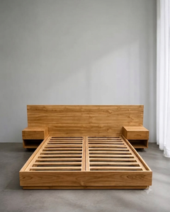 Modern Solid Teak <b>Platform</b> <b>Bed</b> <b>Frame</b> with Wide Headboard and Matching Nightstands for Luxury Hotel Bedroom Furniture - Product Image 2