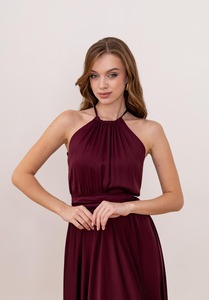 Robe élégante et romantique à col en V en satin de soie tissé, longue jusqu'au sol, sans manches, pour femmes |   Robe de soirée fluide à coupe trapèze et ourlet évasé, taille haute - Product Image 4