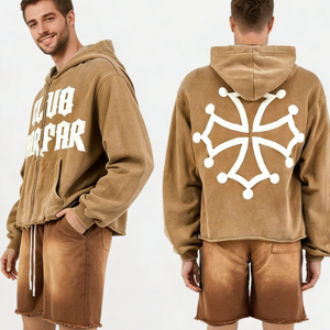 High Quality Acid <b>Wash</b> Two Piece Tracksuit for Men Embroider Streetwear Zip-up Hoodie & Short Stylish Raw Hem Distress Tracksuit - Product Image 1