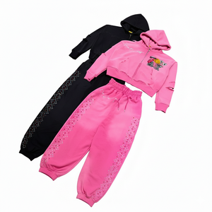 Survêtement rose et noir à capuche pour filles, manches longues, très décoré de strass, style décontracté et streetwear avec poches latérales, style automne - Product Image 2