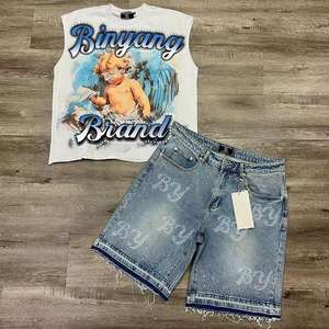 Ensemble deux pièces personnalisé pour homme, style vintage, t-shirt sans manches imprimé numériquement et short tricoté, 100 % coton respirant, été - Product Image 1