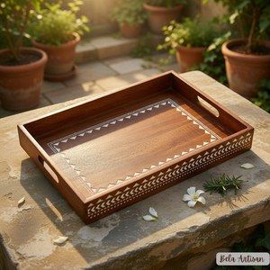 Bandeja de Servir de Madera Hecha a Mano con Incrustaciones de Hueso, Diseño Geométrico, Estilo Moderno de Mediados de Siglo, para Bodas y Diwali - Product Image 1