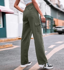 Pantalon cargo décontracté taille haute pour femme, coupe large et droite, avec poches, 100 % coton, idéal pour l'automne - Product Image 4