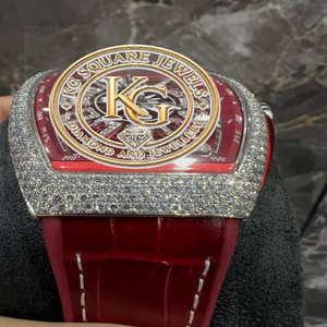 นาฬิกา KG Square Jewels Tonneau Hip Hop แบบฝังเพชร หน้าปัดสีแดง สายยาง - Product Image 1