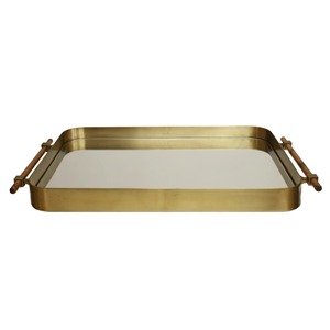 Rectangular <b>Mirrored</b> Storage <b>Tray</b> With Brass Frame And Wooden Handles Modern Decor For Tabletop Use - Product Image 5
