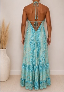 Women's Sky Blue Paisley Print <b>Boho</b> V-neck Elastic Waist Fit Flare Maxi <b>Dress</b> Woven Silk Regular Fit <b>Summer</b> Casual Wear - Product Image 2