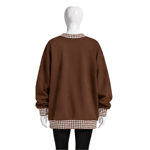 Mens <b>Brown</b> Oversized Crewneck Sweatshirt Gingham Check Trim <b>Long</b> <b>Sleeve</b> Casual Pullover Fashion Streetwear Athletic Sports <b>Top</b> - Product Image 2