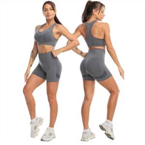 Women's Yoga Set Racerback Crop Top High <b>Waist</b> <b>Leggings</b> Solid Gray Spandex Polyester Four-Way Stretch Seamless Design - Product Image 2