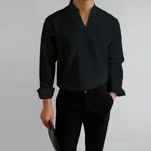 Camisa de Vestir Casual para Hombre, Manga Larga, Algodón y Lino, Transpirable, Cuello Mao, Color Sólido, Oferta de Otoño - Product Image 4