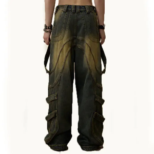 Jean droit ample en coton épais personnalisé pour homme, style streetwear, grandes tailles, effet délavé, coupe évasée - Product Image 2