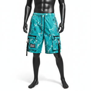 Shorts cargo pour femmes en nylon et élasthanne doux 210 GSM, imprimé graphique turquoise, plusieurs poches, logo personnalisé par transfert thermique - Product Image 6