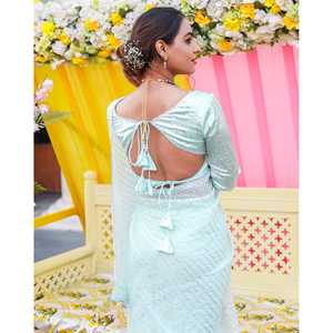 Produit très vendu : Saree indien en soie pour mariage et occasions spéciales, vêtements indiens et pakistanais, saree de mariage bleu menthe avec travail Gotta - Product Image 5