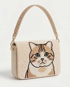 Handmade Cat Embroidered Canvas <b>Handbag</b> Rectangular Shape Textile Purse Animal Theme - Product Image 4