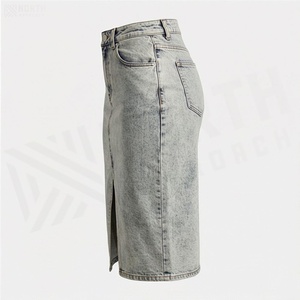High Waist Women Denim Pencil Skirt Knee-Length Solid Color With Front Slit All Seasons Style - Product Image 3