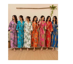 Bata de dormir de verano para mujer, larga, con estampado de pájaros, cuello en V, manga tres cuartos, de tela no tejida, 100% algodón, de secado rápido y transpirable - Product Image 1