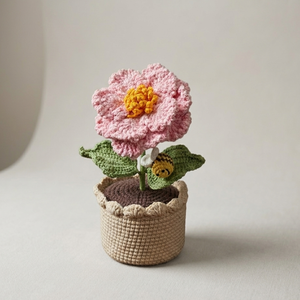 Wholesale Handcrafted Crochet Pink Flower Amigurumi Pot With Knitted Yarn Blossom And Cute <b>Bee</b> For Home Desk Decoration <b>Gift</b> - Product Image 1